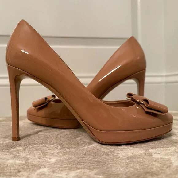Indulge in Salvatore Ferragamo Patent Leather Bow Stiletto Heels, New Blush, 8B - Picture 5 of 15